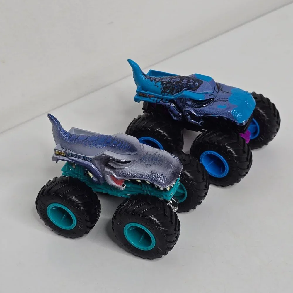 2 Hot Wheels Mega Wrex Monster Jam Trucks Lot Dinosaur 1:64 Blue Diecast